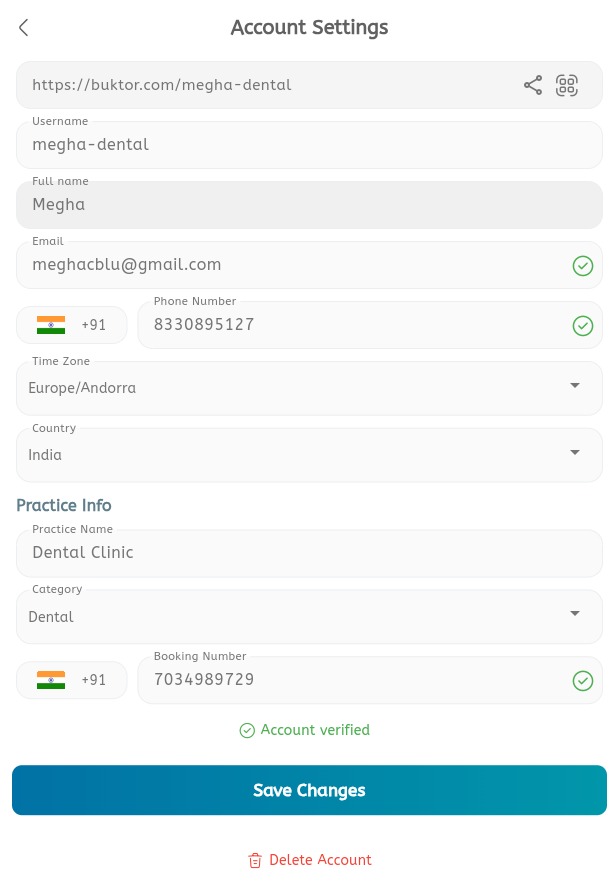 Account settings screen