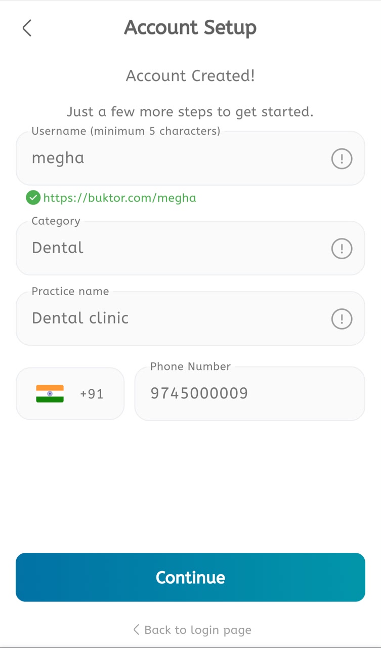 Buktor account setup screen