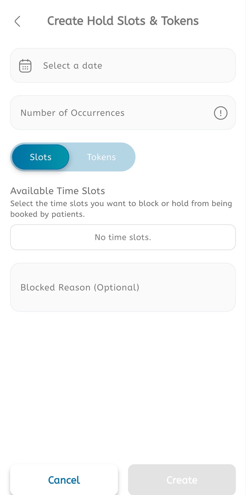 Create hold slots and tokens screen