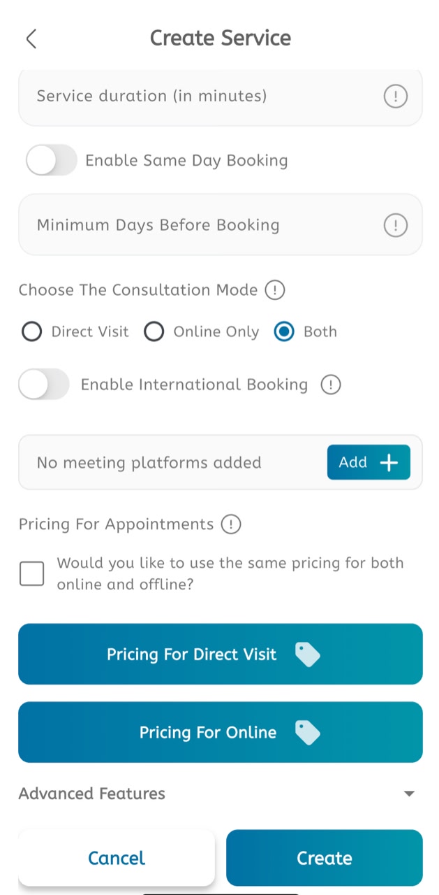 Create service consultation mode and pricing screen