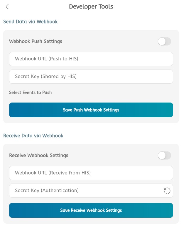 Developer tools webhook settings