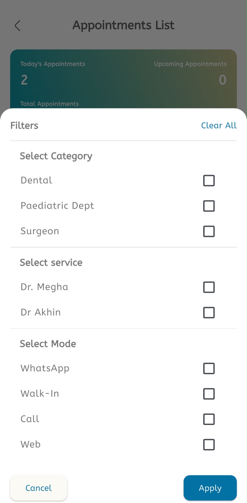 Appointment filters screen