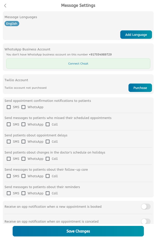 Message settings screen