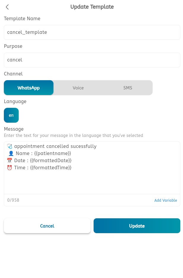 Update message template screen